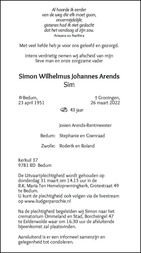 Simon Arends is afgelopen zaterdag 26 maart overleden.
