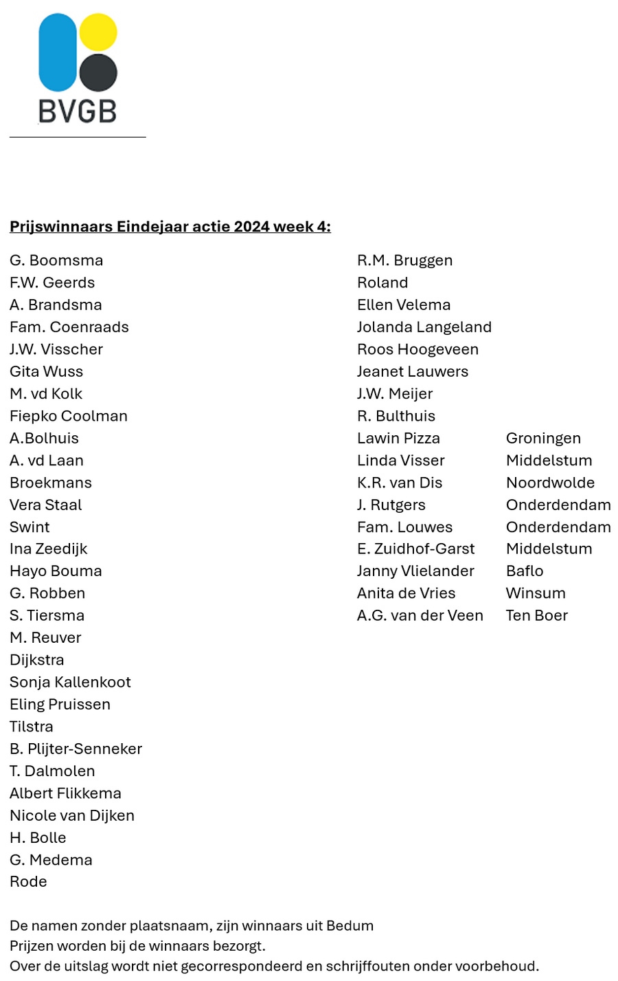 Prijswinnaars Eindejaar actie 2024 Bedum week 4